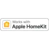 Černý obdélník s bílým textem 'Funguje s Apple HomeKit' a stylizovaným symbolem domu vlevo.