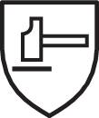 Symbol kladiva na štítu. Signalizuje ochranu nebo bezpečnost, pravděpodobně v průmyslovém nebo řemeslném kontextu.