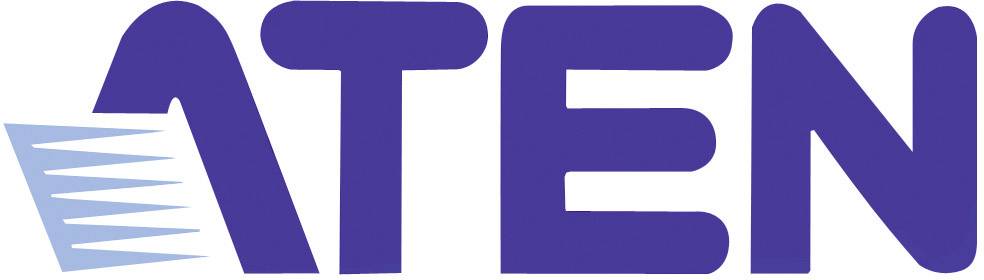 Logo společnosti 'ATEN' v modré barvě s designově stylizovaným písmenem 'A'.