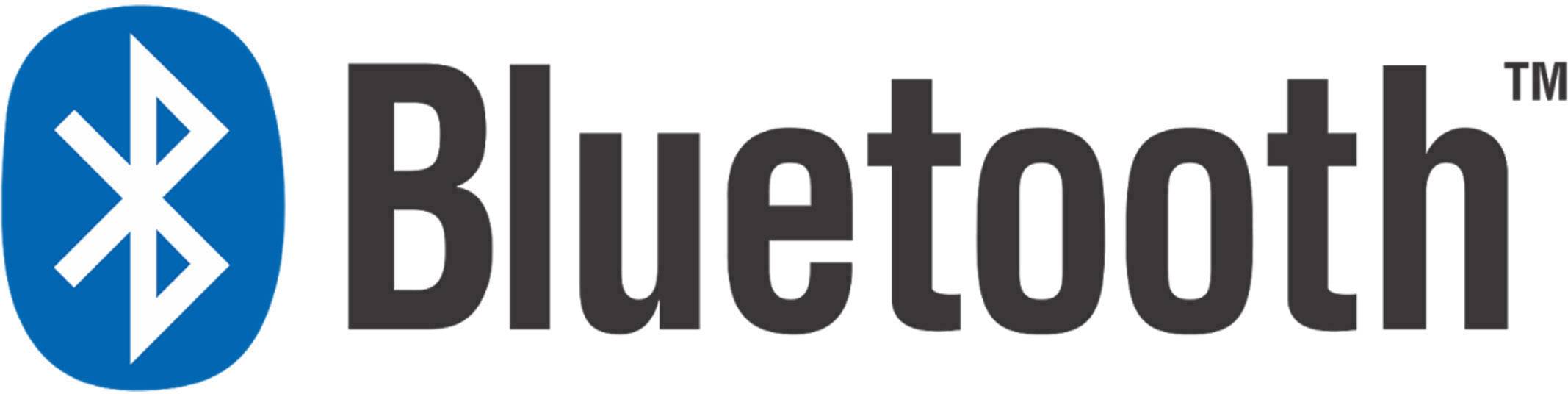 Logo Bluetooth: Stylizované bílé 'B' na modrém štítku vlevo, vedle nápis 'Bluetooth' černým písmem.