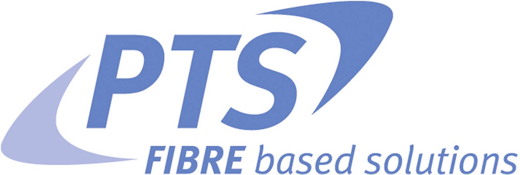 Logo společnosti PTS se sloganem 'FIBRE based solutions' v modré barvě.