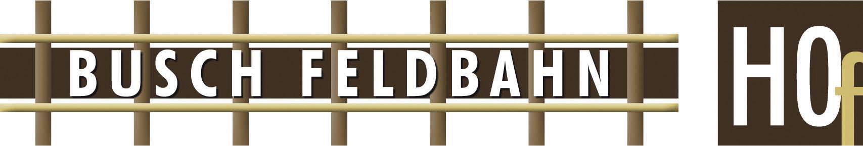 Logo polní dráhy Busch s hnědými kolejnicemi a nápisem 'BUSCH FELDBAHN' vlevo a 'HO' vpravo.