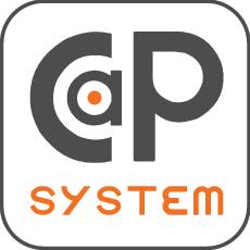 Logo 'CaP SYSTEM' zobrazuje stylizované písmena 'C', 'a', 'P' v šedé barvě a 'SYSTEM' v modré barvě.