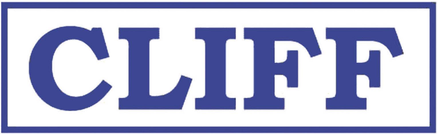 Logo s textem 'CLIFF' modrými velkými písmeny na bílém pozadí, orámované modrým obdélníkem.