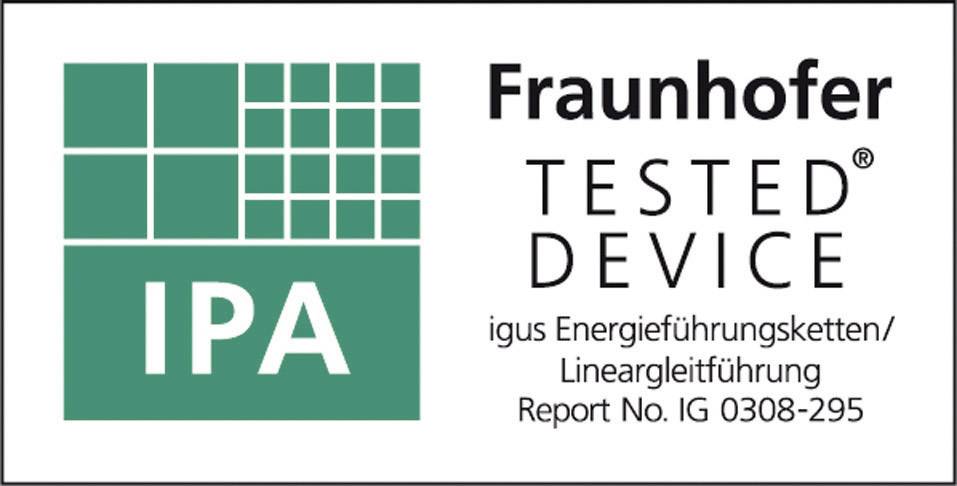 'Fraunhofer IPA' a 'Tested Device'. Certifikace energetických nebo lineárních vedení společnosti igus. Číslo zprávy IG 0308-295.