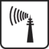 Černý symbol zobrazuje anténu radiových vln s vlnitými čarami vyzařujícími doprava na bílém pozadí.