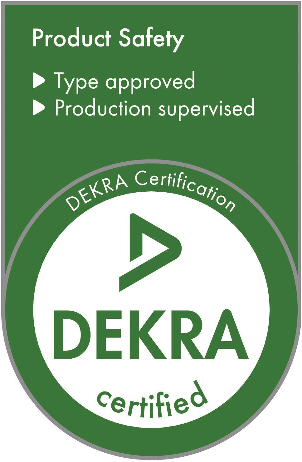 Certifikační razítko 'DEKRA certifikováno'; potvrzuje bezpečnost výrobku: 'Schváleno typ' a 'Výroba pod dohledem'.