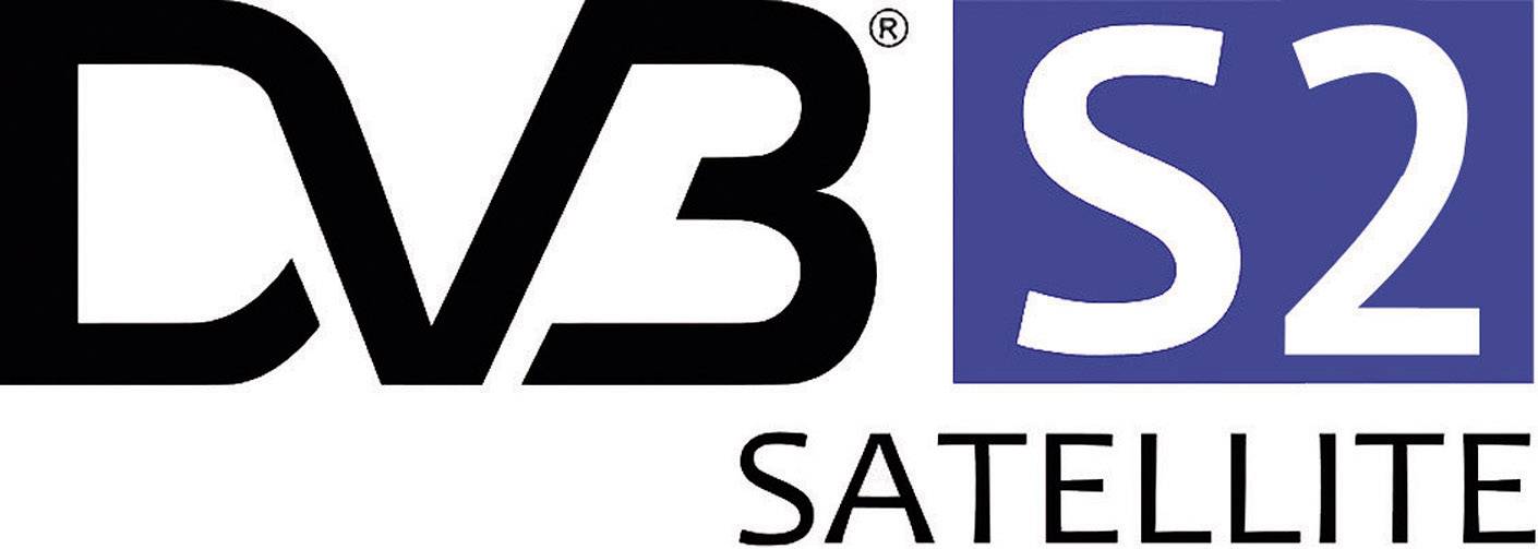 Logo s nápisem 'DVB-S2 SATELLITE', které odkazuje na digitální satelitní příjem televize.