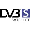 Logo DVB-S s černým textem „DVB" a modrým čtvercem s bílým „S", pod kterým je napsáno velkými písmeny „SATELLITE".