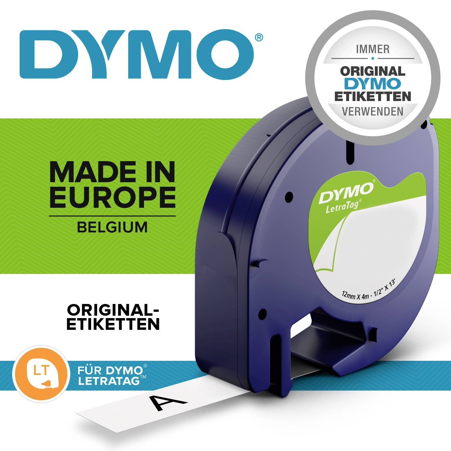 Štítek tiskárny štítků s nápisem 'DYMO', 'VYROBENO V EVROPĚ', 'ORIGINÁLNÍ ŠTÍTKY'. Zobrazuje logo DYMO a kazetu s páskou.