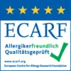 ECARF Pečeť: Přátelská k alergikům, ověřená kvalita, pět modrých hvězdiček, fialové zaškrtnutí.