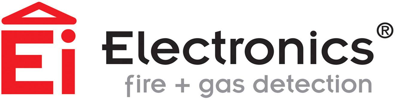 Logo společnosti Ei Electronics zobrazuje červené písmeno 'Ei' vedle černého textu 'Electronics' a malého textu 'fire + gas detection'.