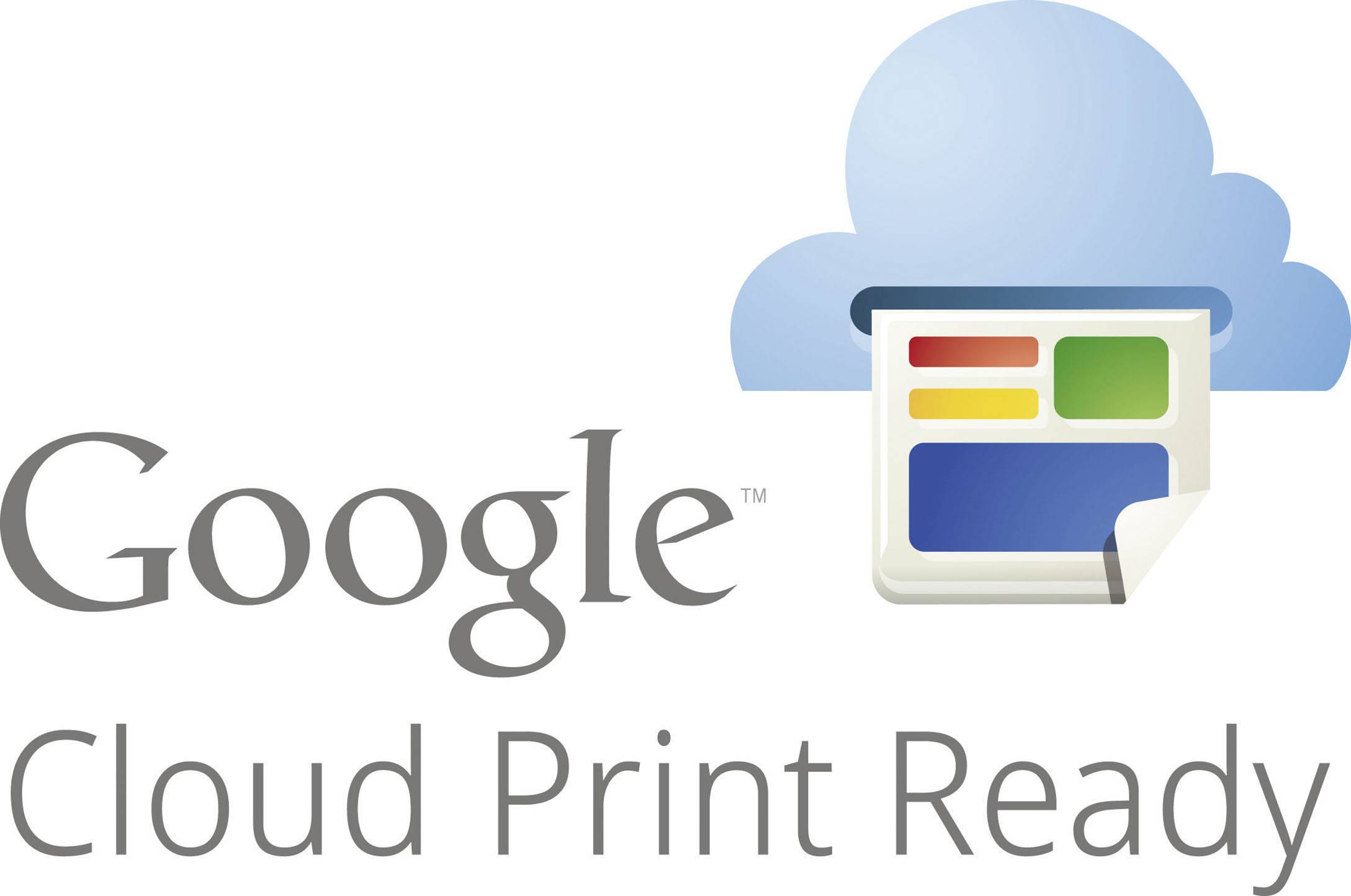 Obrázek zobrazuje logo Google Cloud Print s modrou mráčkem a dokumentem s barevnými pruhy.