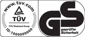 Logo certifikátu TÜV Rheinland GS s nápisem 'ověřená bezpečnost' a webovou stránkou 'www.tuv.com'.
