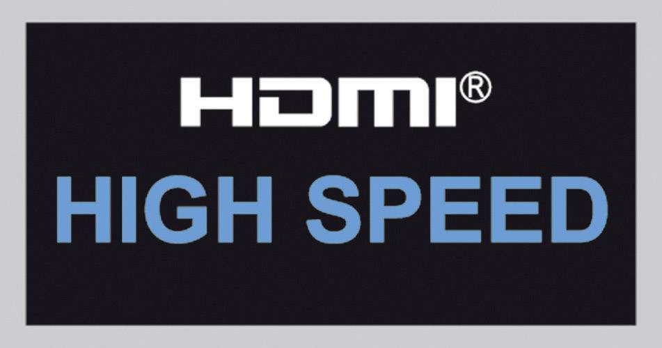 Černá etiketa s bílým textem „HDMI®" a modrým textem „HIGH SPEED" symbolizuje vysokorychlostní HDMI připojení.