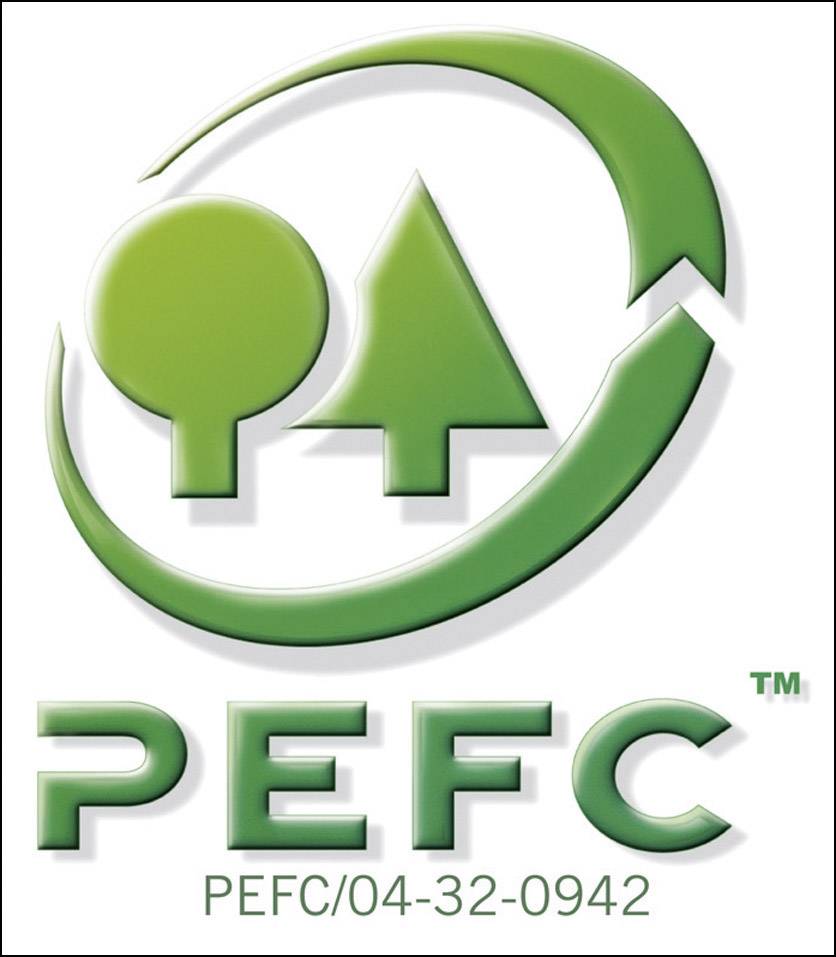 'Logo PEFC: Zelený kruh se symboly stromu a listů, pod ním nápis PEFC/04-32-0942.'
