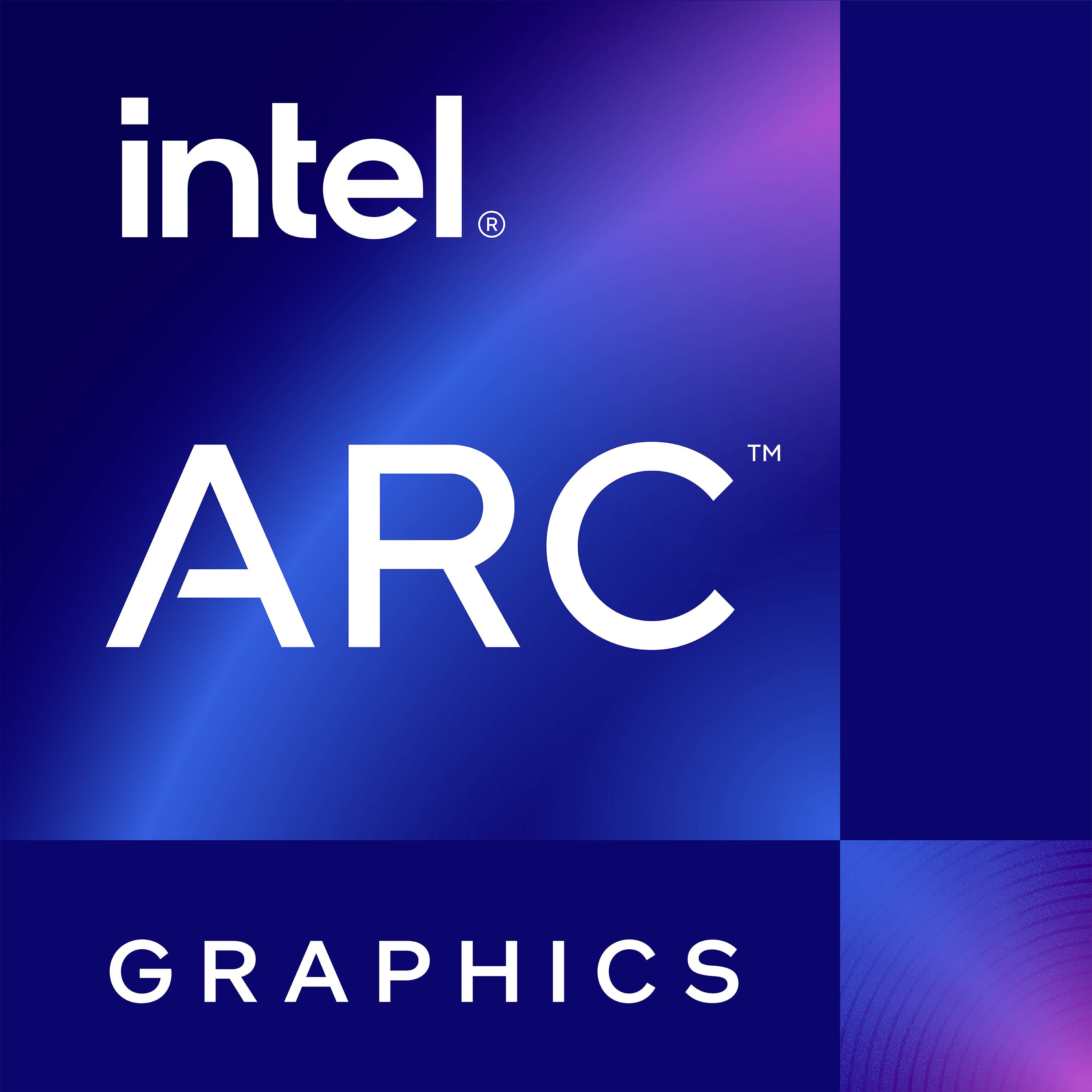 Logo grafických karet Intel ARC v modré a bílé barvě, které ukazuje vizuální identitu značky a firemní image.