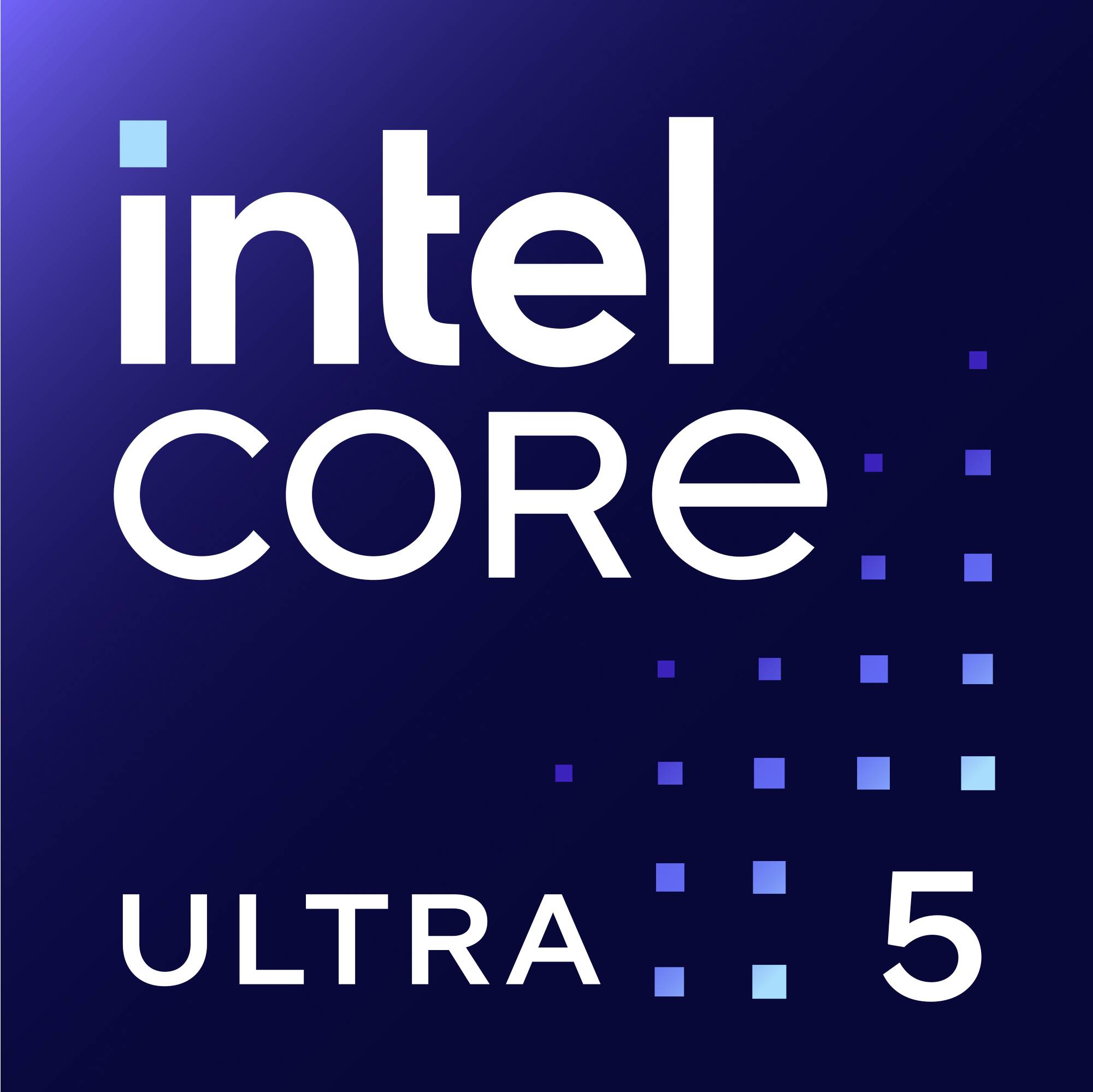 Logo 'Intel Core Ultra 5' na modrém pozadí s digitálními body.