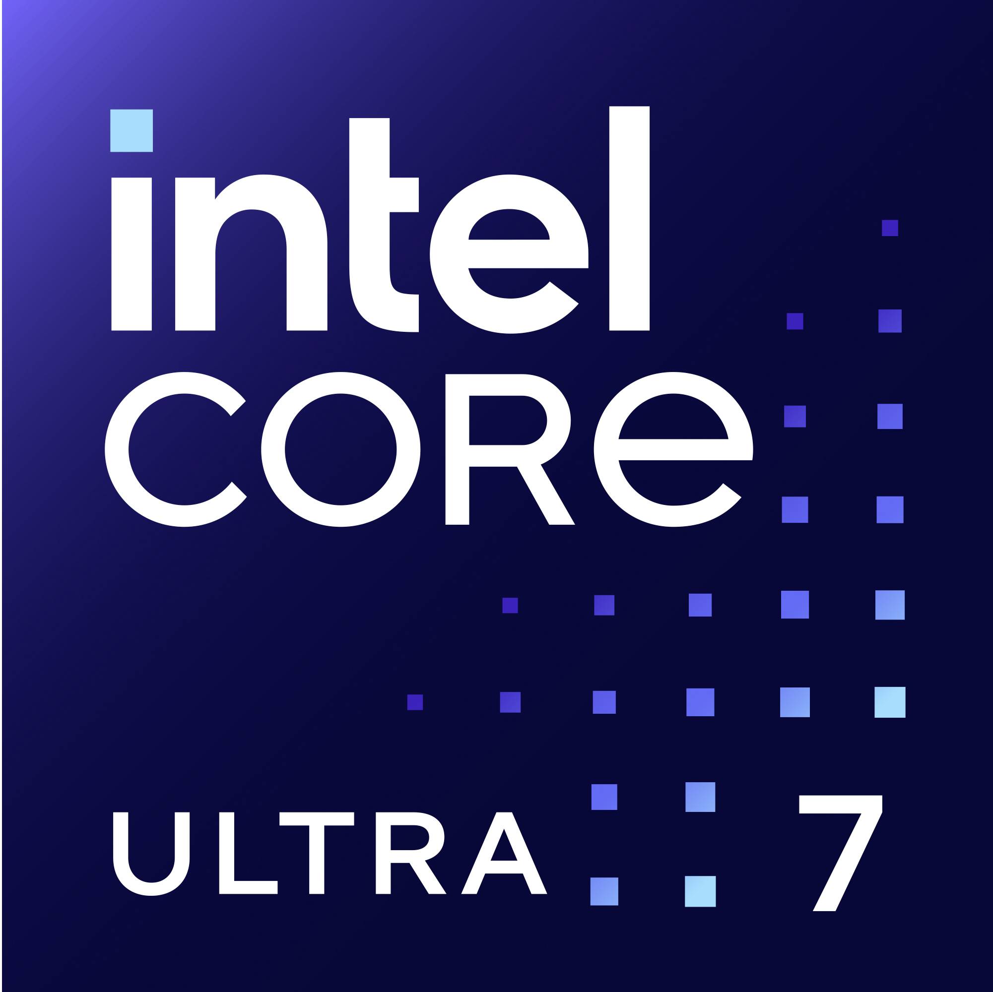 Logo 'Intel Core Ultra 7' na tmavě modrém pozadí s modrými čtvercovými vzory.
