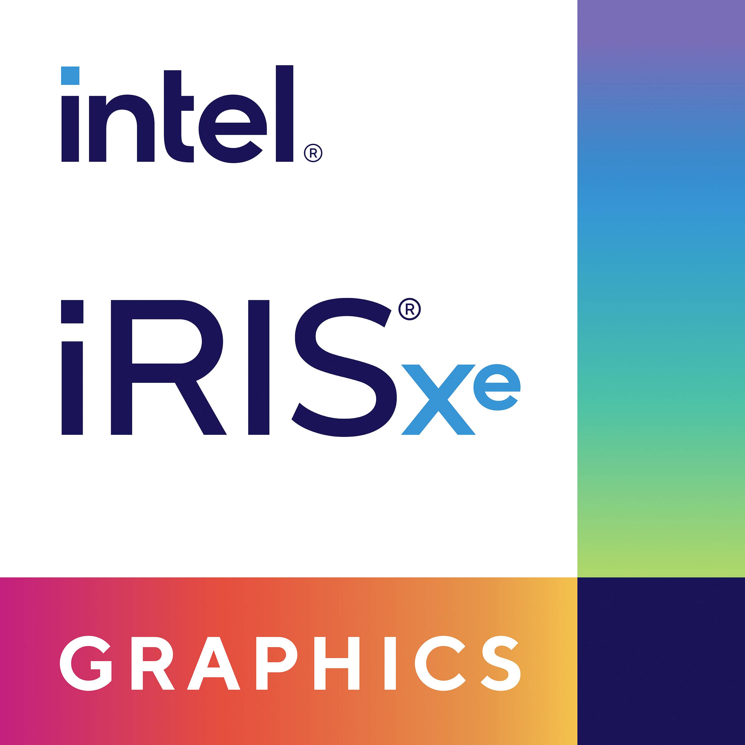 Logo Intel Iris Xe Graphics s názvem značky a barevným přechodovým pruhem.