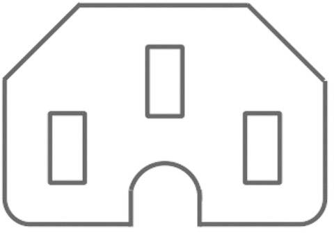 Jednoduchý, náčrtovitý geometrický symbol ve tvaru domu se třemi okny a otevřeným obloukem jako vstupem.