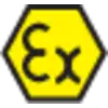 Šestiúhelníkový symbol s 'Ex' uprostřed, žluté pozadí, symbolizuje prostory s nebezpečím výbuchu.