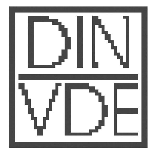 Logo s nápisem DIN VDE v pixelovaném stylu, černé na bílém pozadí.