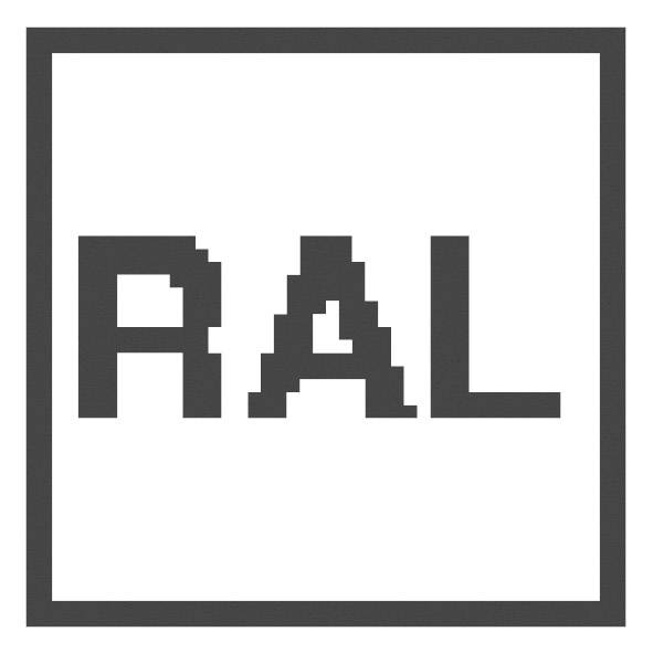 Černobílé logo s písmeny 'RAL' v blokových písmenech, čtvercově orámované.