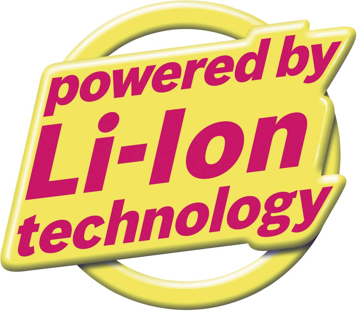 Nápis "Poháněno technologií Li-Ion" je vytištěn tučnými, červenými písmeny na žlutém pozadí.
