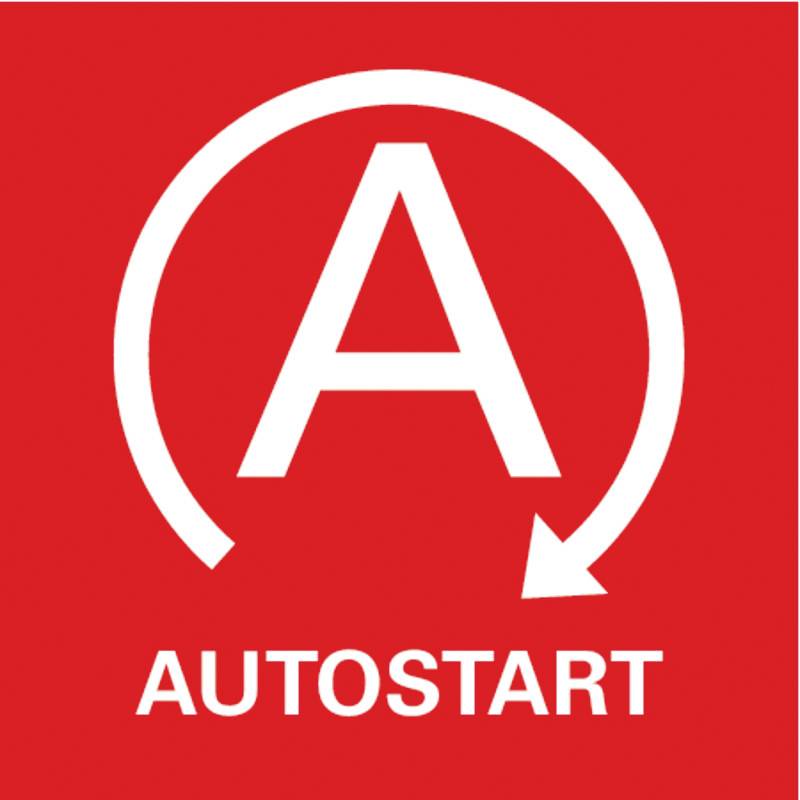 Červené pozadí s bílým kruhem a šipkou obklopující velké písmeno 'A'. Pod tím text 'Autostart'.