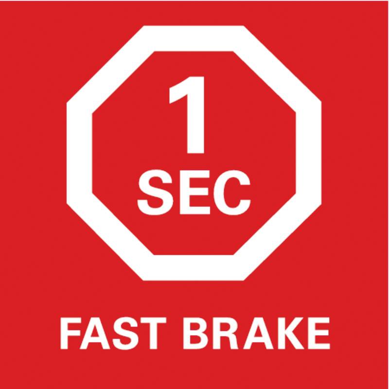 Osmihranný červený symbol s nápisem '1 SEC' a pod ním 'FAST BRAKE' poukazuje na rychlé brzdění.