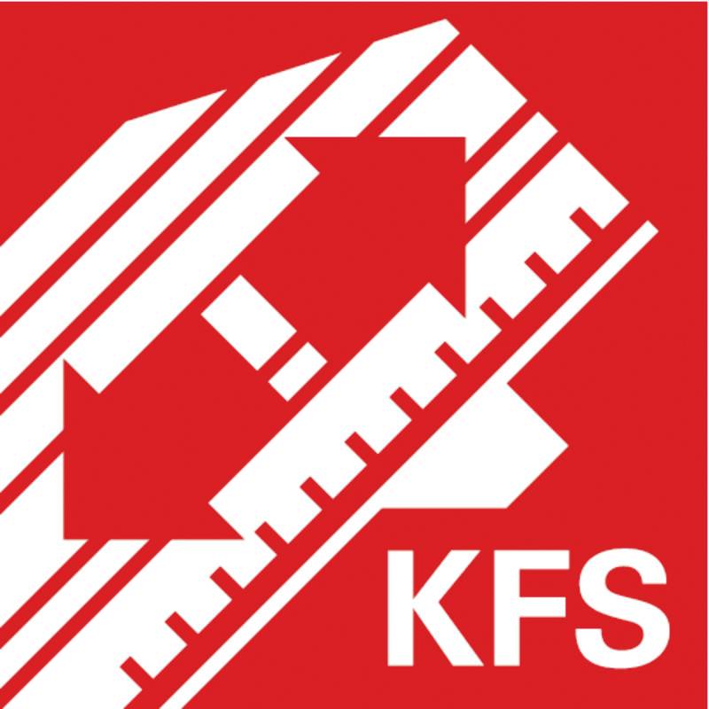 Logo 'KFS' v červené barvě: Dvě bílé ozubené koly vzájemně propletené, pod nimi bílé písmena 'KFS'.