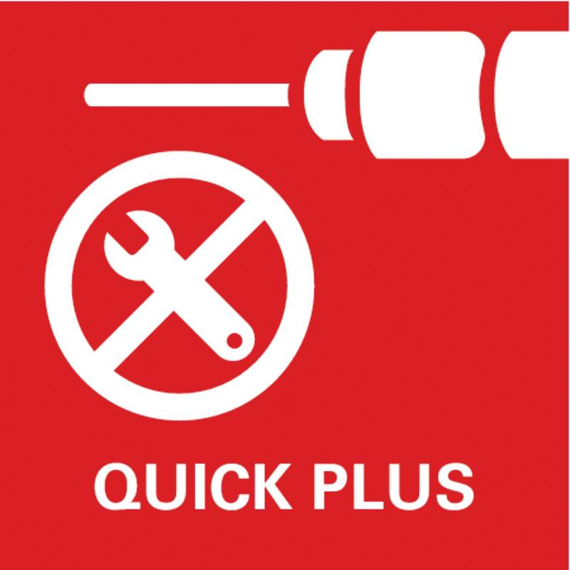 Červená ikona zobrazuje přeškrtnutý klíč a kladivo s textem 'QUICK PLUS', což znamená rychlou montáž.