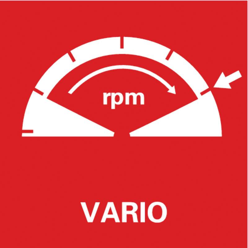Otáčkoměr s šipkou ukazuje na 'rpm'. Níže je napsáno 'VARIO' na červeném pozadí.
