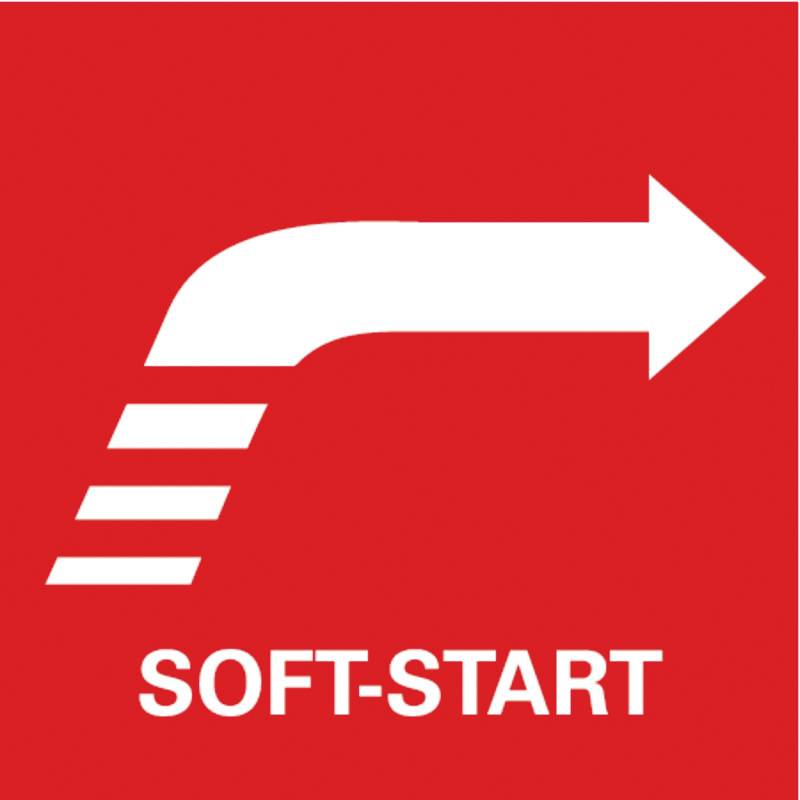 Bílý šipka na červeném pozadí směřuje doprava nahoru. Pod šipkou je nápis 'Soft-Start'.