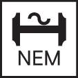 Logo s vyobrazeným stylizovaným symbolem železničního kola a písmeny 'NEM' pod ním.