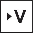 Symbol bílé šipky vedle písmene V na černém pozadí.
