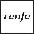 Černý čtverec s bílým nápisem 'renfe', logo španělské železniční společnosti.