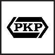Černobílé logo s písmeny 'PKP' v stylizovaném šestiúhelníkovém rámečku.