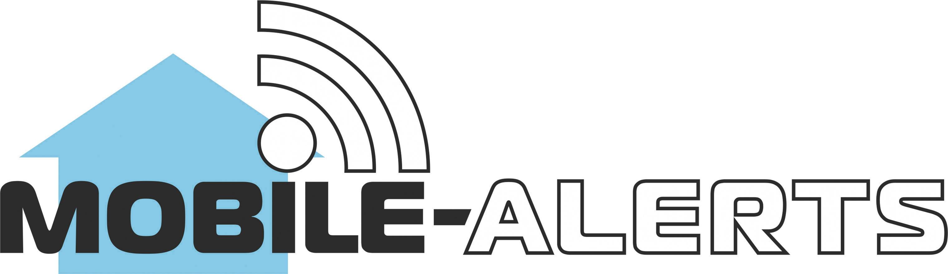 Obrázek zobrazuje logo 'Mobile-Alerts' s graficky stylizovaným modrým domem a signálním symbolem.