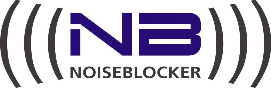 Logo společnosti 'Noiseblocker' se stylizovanými zvukovými vlnami vlevo a vpravo od písmen 'NB' v modré barvě.