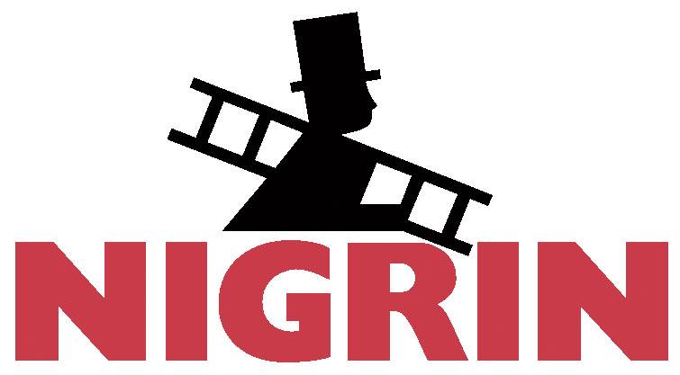 Logo značky 'Nigrin': Černý siluetový obrázek kominíka s žebříkem, pod ním červeným písmem nápis 'Nigrin'.