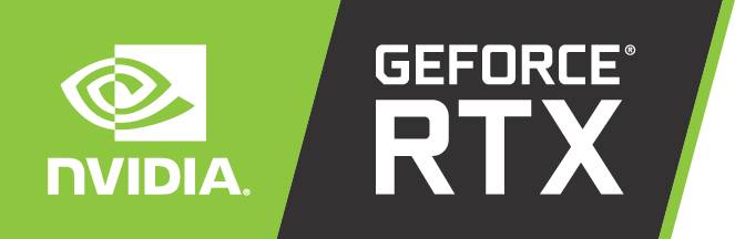 Logo NVIDIA GeForce RTX na fialovém a šedém pozadí.