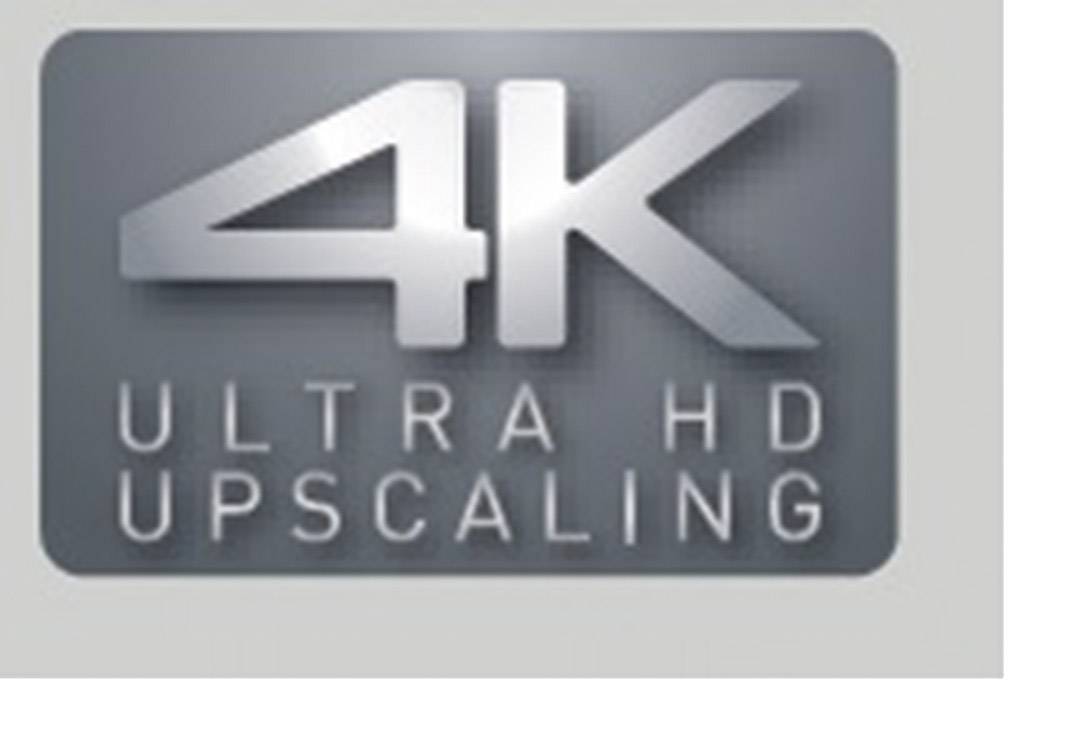Logo '4K Ultra HD Upscaling' na šedém pozadí.