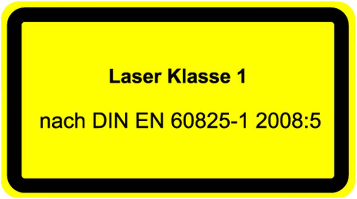 Žlutá tabulka s nápisem 'Laserová třída 1 podle DIN EN 60825-1 2008:5', černý okraj.