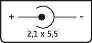'2,1 x 5,5' schematický nákres konektoru zobrazuje kulatý konektor se symboly plus a mínus na koncích průchozí linky.