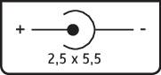Diagram znázorňuje stejnosměrný konektor s vyznačením polarity. Kladná strana vlevo ('+'), záporná strana vpravo ('-'), velikost: '2,5 x 5,5'.