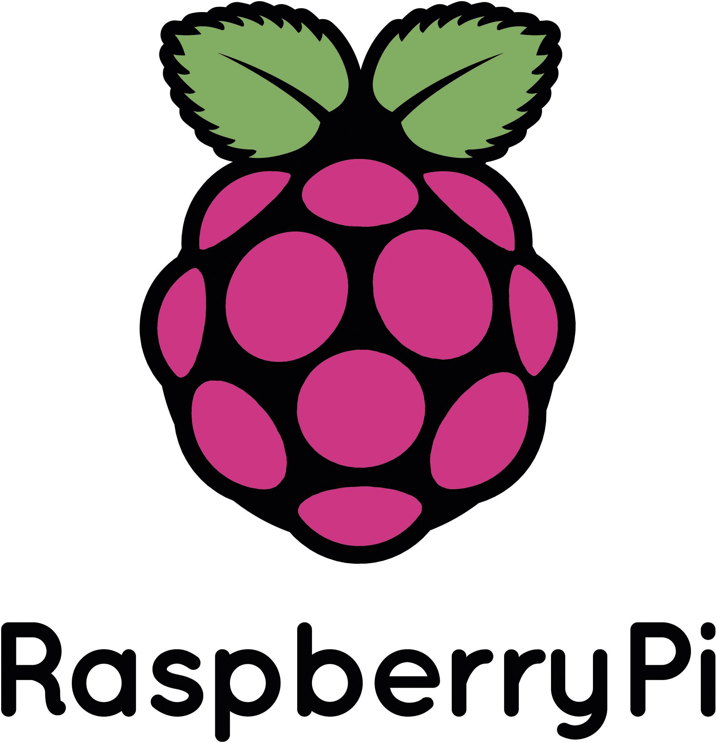 Logo maliny se dvěma zelenými lístky nahoře. Pod ním je nápis 'Raspberry Pi'.
