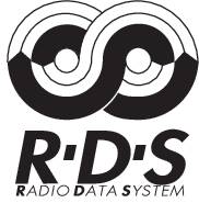 Černobílé logo 'Radio Data System (RDS)' se dvěma propojenými kruhy a textem pod nimi.