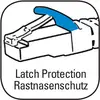 Černobílý nákres RJ45 konektoru s modrým nástavcem západky. Text: 'Ochrana západky Latch Protection'.